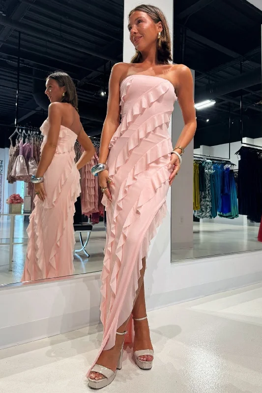 Strapless Ruffle Chiffon Maxi Dress with Slit in Pink Casual Maxi Dress with Pockets Strapless Ruffle Chiffon Maxi Dress with Slit in Pink Casual Maxi Dress with Pockets