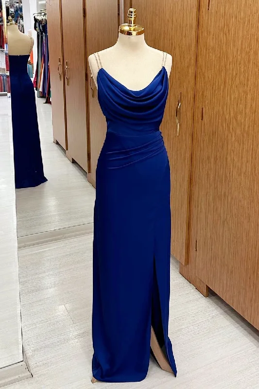 Royal Blue Cowl Neck Sheath Maxi Dress with Slit Chic Sleeveless Maxi Dress