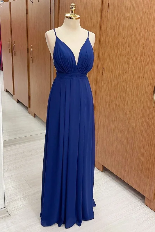 Royal Blue Plunge V Cross Back Maxi Dress Stylish V-Neck Maxi Dress
