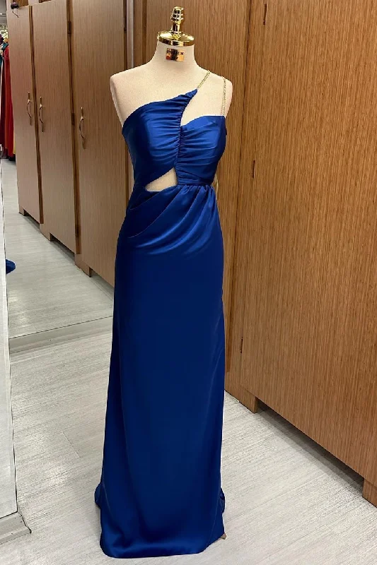 Royal Blue Satin Asymmetrical Cutout Maxi Dress Stylish Maxi Dress with Pleats