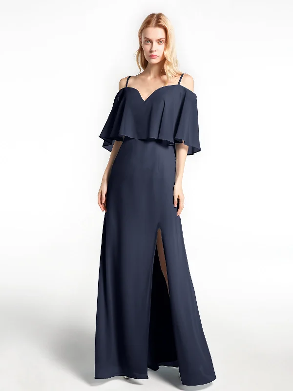 Ruffled Cold Shoulder Maxi Dress with Flounce Overlay Dark Navy Classic V-Neck Maxi Dress Ruffled Cold Shoulder Maxi Dress with Flounce Overlay Dark Navy Classic V-Neck Maxi Dress
