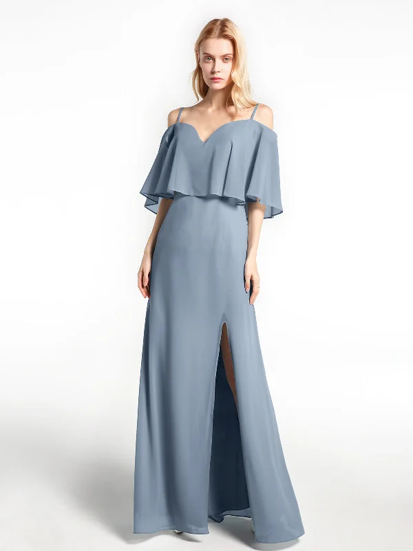 Ruffled Cold Shoulder Maxi Dress with Flounce Overlay Dusty Blue Classic Tulle Maxi Dress Ruffled Cold Shoulder Maxi Dress with Flounce Overlay Dusty Blue Classic Tulle Maxi Dress