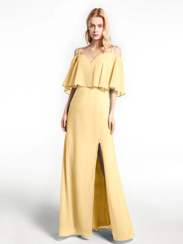 Ruffled Cold Shoulder Maxi Dress with Flounce Overlay Gold Comfortable Fitted Maxi Dress Ruffled Cold Shoulder Maxi Dress with Flounce Overlay Gold Comfortable Fitted Maxi Dress