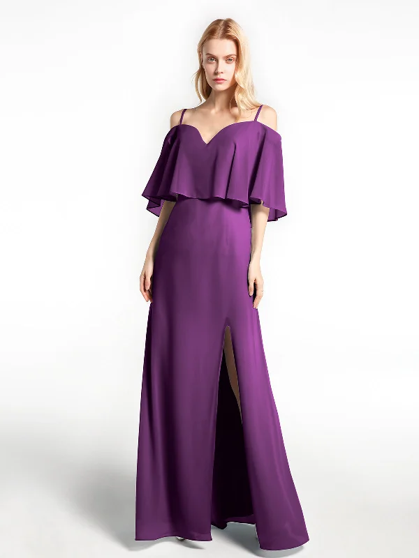 Ruffled Cold Shoulder Maxi Dress with Flounce Overlay Grape Elegant Maxi Dress with Slit