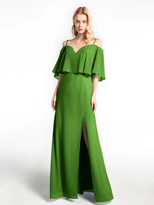 Ruffled Cold Shoulder Maxi Dress with Flounce Overlay Moss Comfortable Bohemian Maxi Dress Ruffled Cold Shoulder Maxi Dress with Flounce Overlay Moss Comfortable Bohemian Maxi Dress