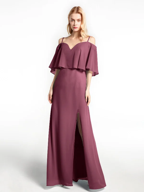 Ruffled Cold Shoulder Maxi Dress with Flounce Overlay Mulberry Comfortable Fitted Maxi Dress Ruffled Cold Shoulder Maxi Dress with Flounce Overlay Mulberry Comfortable Fitted Maxi Dress