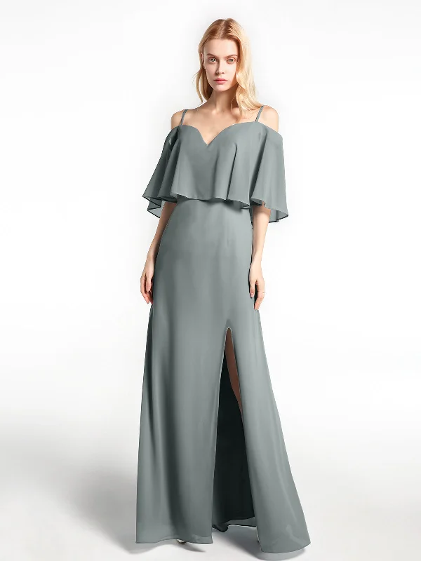 Ruffled Cold Shoulder Maxi Dress with Flounce Overlay Steel Grey Elegant Velvet Maxi Dress Ruffled Cold Shoulder Maxi Dress with Flounce Overlay Steel Grey Elegant Velvet Maxi Dress