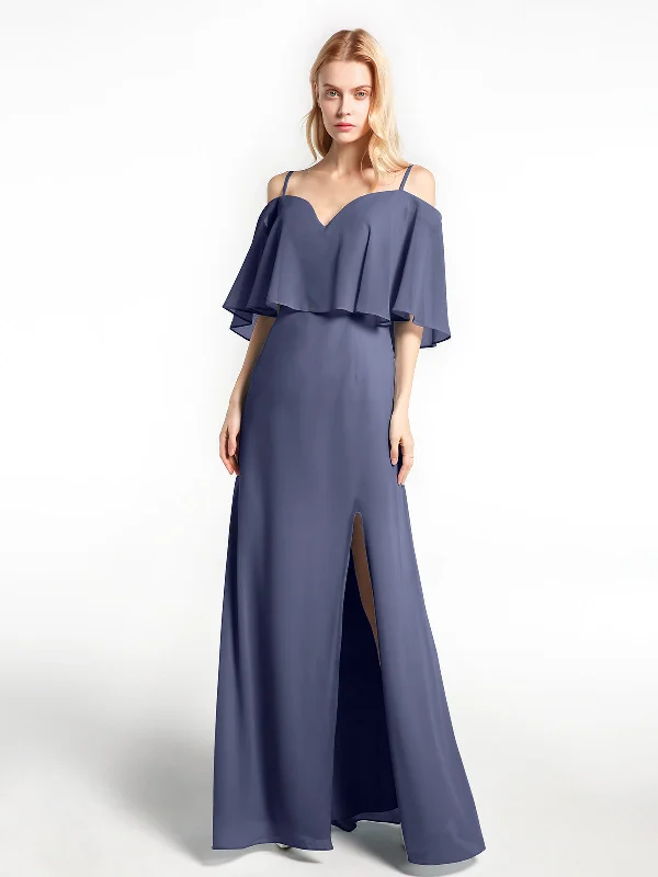 Ruffled Cold Shoulder Maxi Dress with Flounce Overlay Stormy Elegant Sleeveless Maxi Dress Ruffled Cold Shoulder Maxi Dress with Flounce Overlay Stormy Elegant Sleeveless Maxi Dress