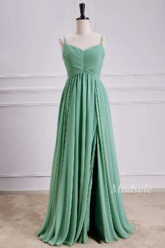 Sage Chiffon Spaghetti Strap Maxi Dress with Slit Comfortable Fitted Maxi Dress