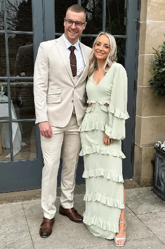 Sage Green V-Neck Ruffle Maxi Dress with Balloon Sleeves Trendy Satin Maxi Dress