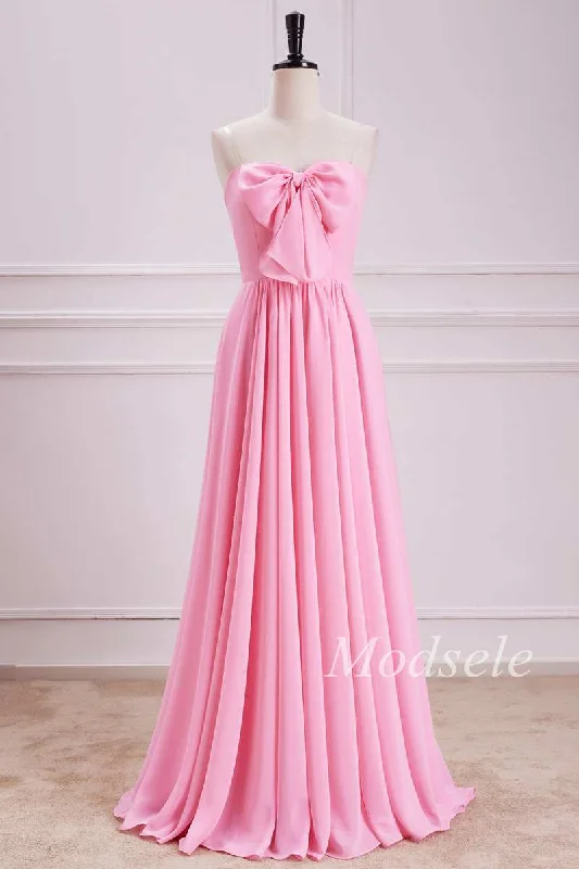 Strapless Bow Front A-Line Chiffon Maxi Dress in Pink Stylish V-Neck Maxi Dress