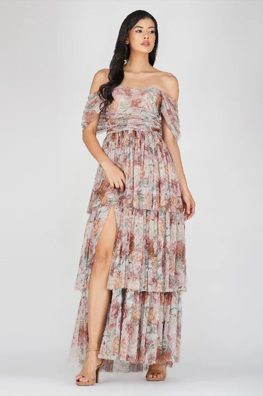 Sydney Off Shoulder Tulle Maxi Dress in Brown Floral Elegant Maxi Dress with Slit