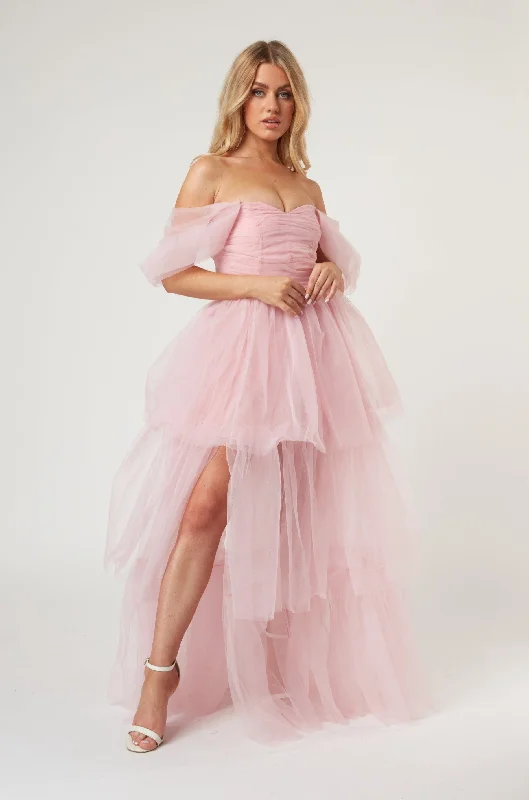 Sydney Off Shoulder Tulle Maxi Dress in Powder Pink Elegant Tiered Maxi Dress