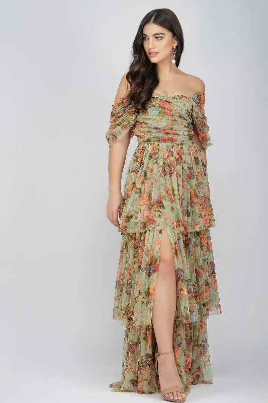 Sydney Tulle Maxi Dress in Green Floral Elegant Wraparound Maxi Dress