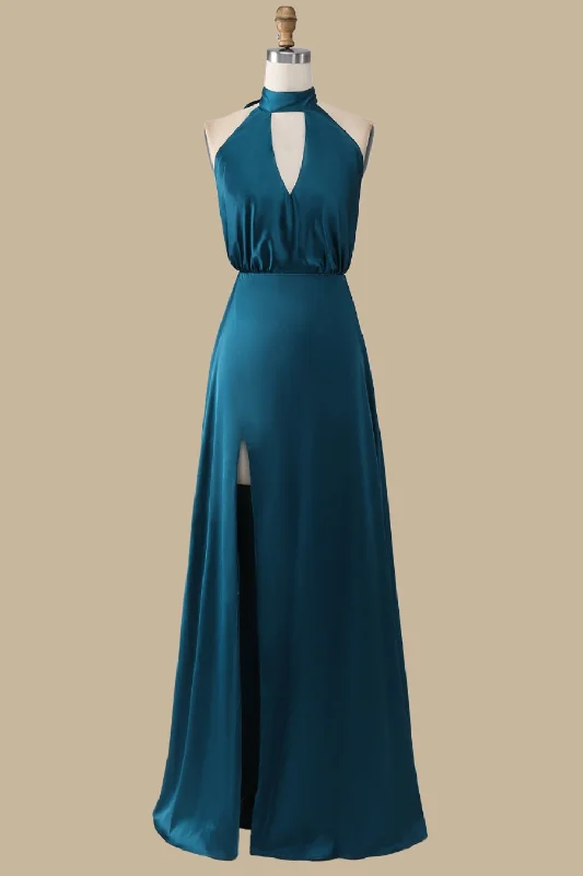 Turquoise Halter Blouson-Style Maxi Dress with Slit Elegant Maxi Dress with Ruffles