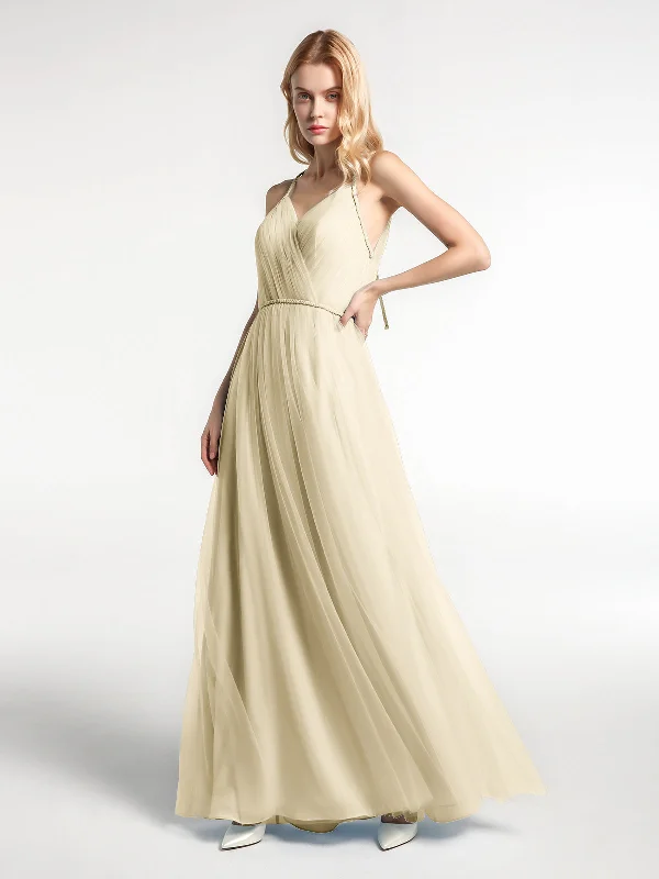Twist Straps Tulle Maxi Dress with V Neckline Champagne Elegant Lace-Up Maxi Dress