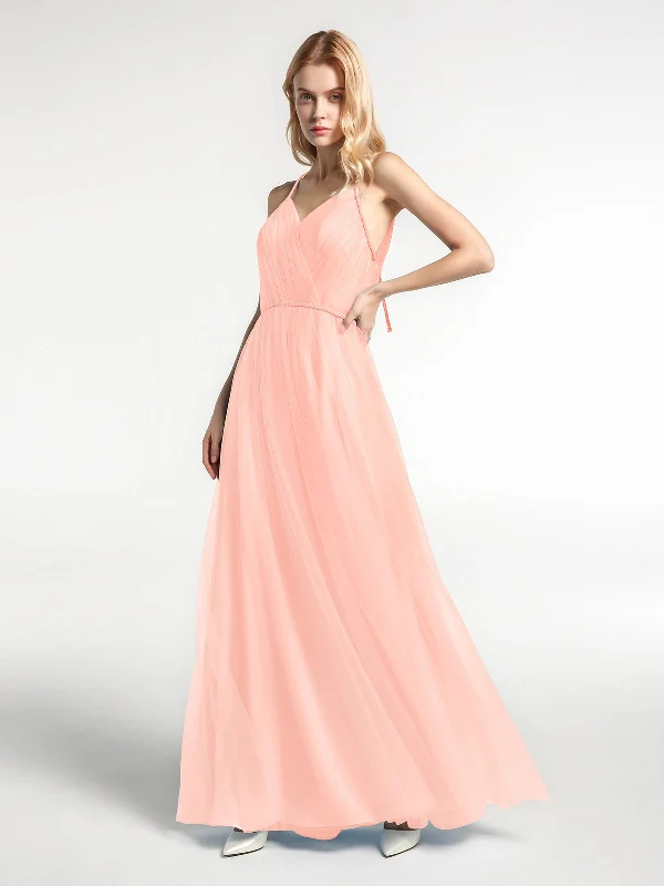 Twist Straps Tulle Maxi Dress with V Neckline Coral Comfortable Casual Maxi Dress