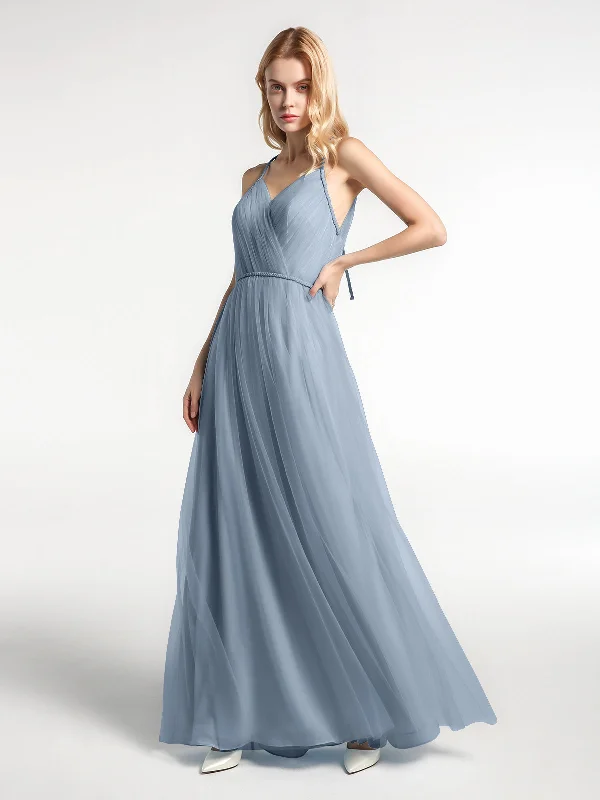 Twist Straps Tulle Maxi Dress with V Neckline Dusty Blue Trendy Maxi Dress with Lace Twist Straps Tulle Maxi Dress with V Neckline Dusty Blue Trendy Maxi Dress with Lace