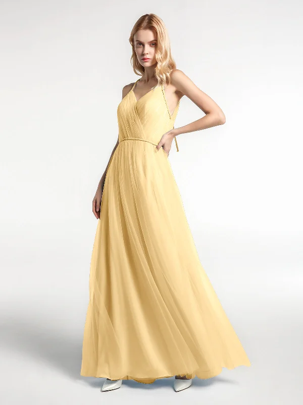 Twist Straps Tulle Maxi Dress with V Neckline Gold Comfortable Fit-and-Flare Maxi Dress Twist Straps Tulle Maxi Dress with V Neckline Gold Comfortable Fit-and-Flare Maxi Dress