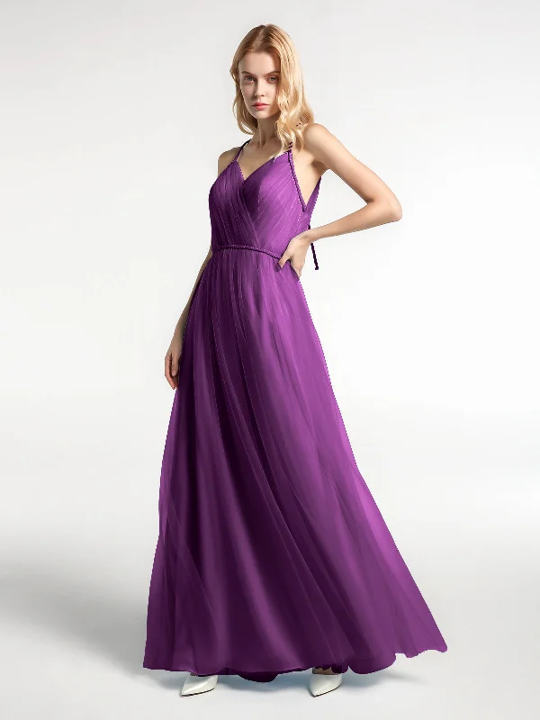 Twist Straps Tulle Maxi Dress with V Neckline Grape Stylish Boho Maxi Dress