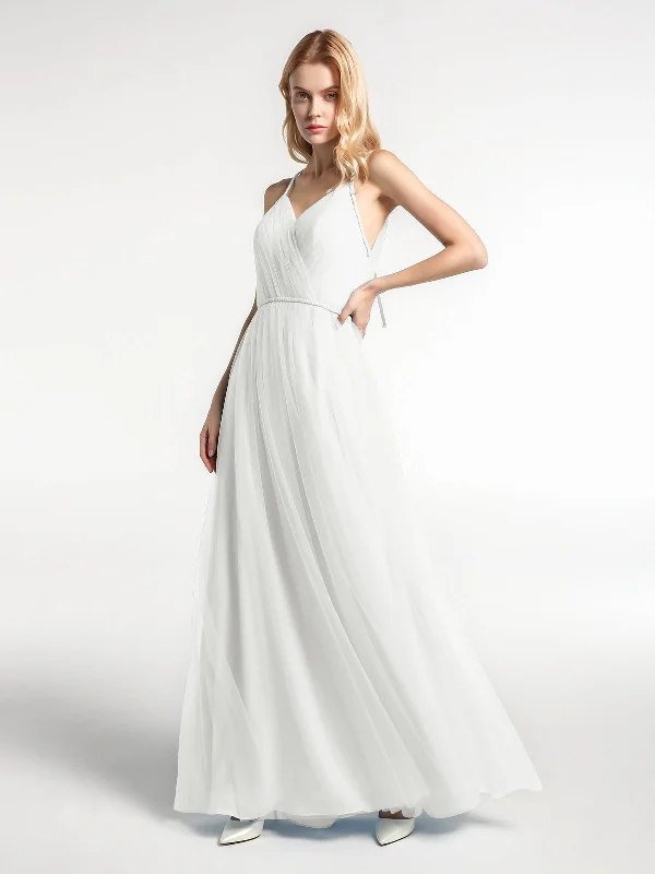 Twist Straps Tulle Maxi Dress with V Neckline Ivory Trendy Short Sleeve Maxi Dress