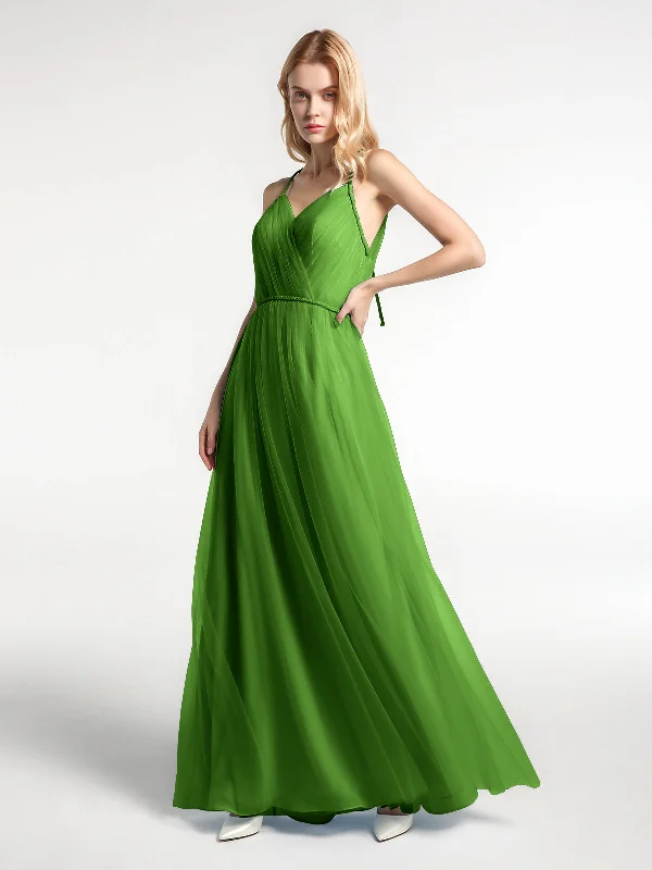 Twist Straps Tulle Maxi Dress with V Neckline Moss Fashionable Layered Maxi Dress