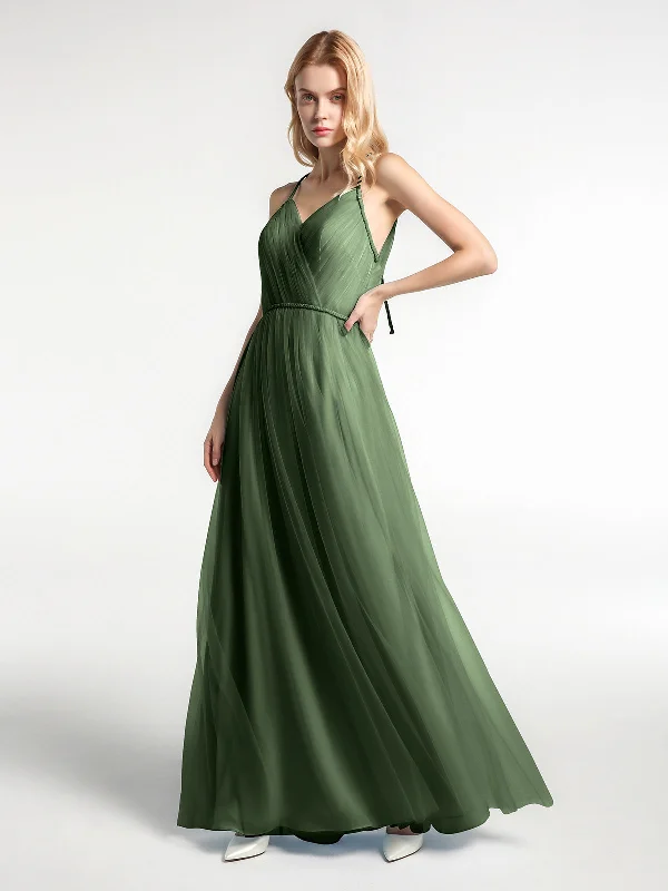 Twist Straps Tulle Maxi Dress with V Neckline Olive Green Elegant Maxi Dress with Drapes Twist Straps Tulle Maxi Dress with V Neckline Olive Green Elegant Maxi Dress with Drapes