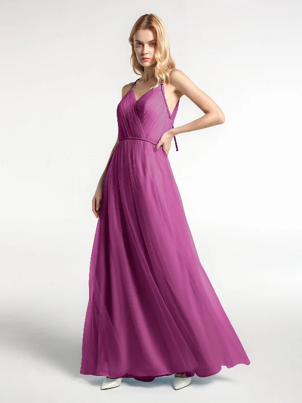 Twist Straps Tulle Maxi Dress with V Neckline Orchid Fashionable Halter Neck Maxi Dress Twist Straps Tulle Maxi Dress with V Neckline Orchid Fashionable Halter Neck Maxi Dress