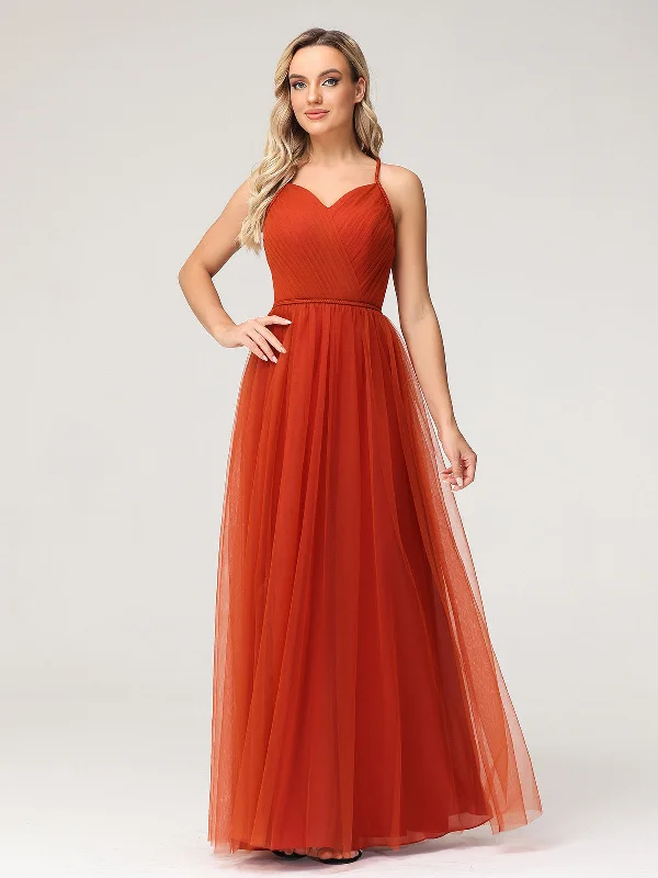 Twist Straps Tulle Maxi Dress with V Neckline Rust Chic Summer Maxi Dress