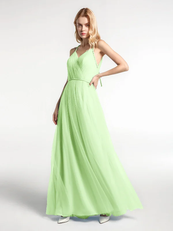 Twist Straps Tulle Maxi Dress with V Neckline Sage Classic Tulle Maxi Dress