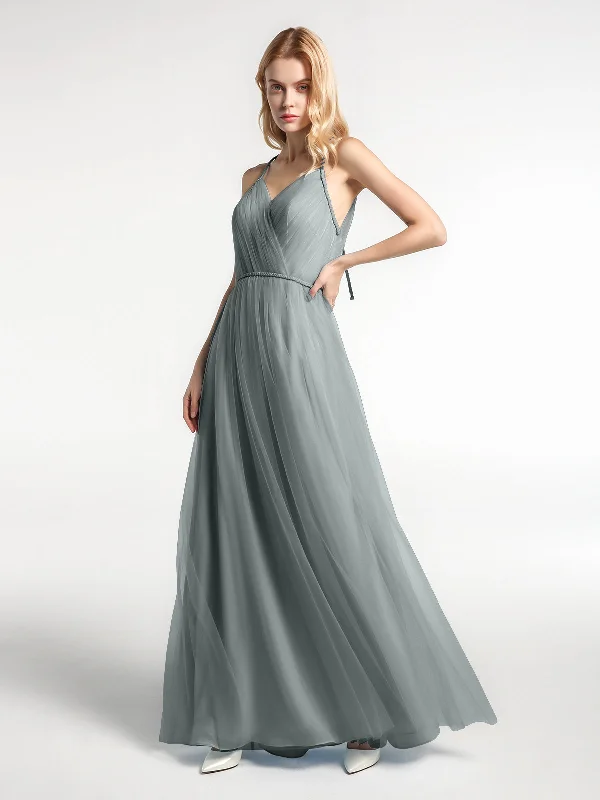 Twist Straps Tulle Maxi Dress with V Neckline Steel Grey Fashionable High-Waist Maxi Dress