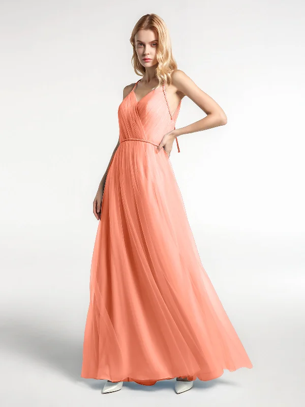 Twist Straps Tulle Maxi Dress with V Neckline Sunset Cozy Maxi Dress with Slit