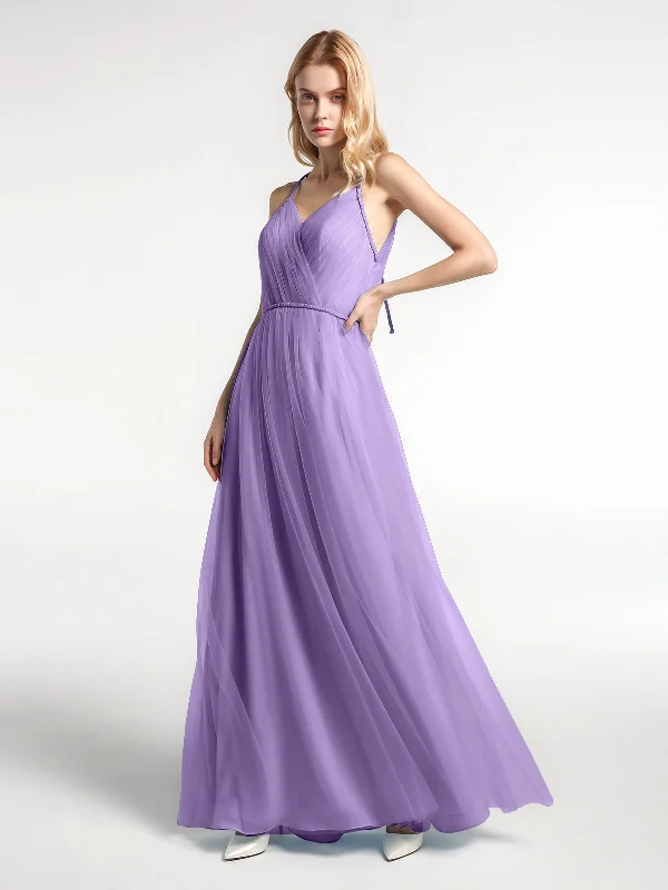Twist Straps Tulle Maxi Dress with V Neckline Tahiti Elegant Wraparound Maxi Dress