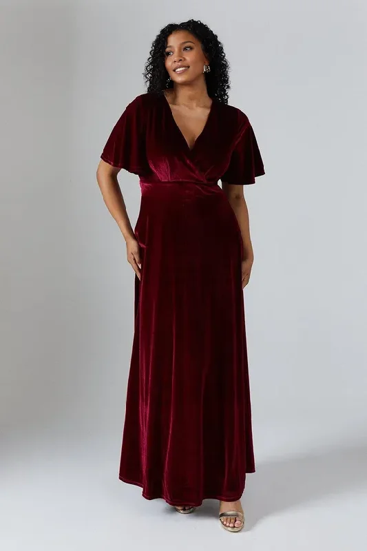 V Neck Angel Sleeve Velvet Bridesmaids Maxi Dress Floor-length Wedding Guest Dresses Comfortable Ruffle Hem Maxi Dress V Neck Angel Sleeve Velvet Bridesmaids Maxi Dress Floor-length Wedding Guest Dresses Comfortable Ruffle Hem Maxi Dress