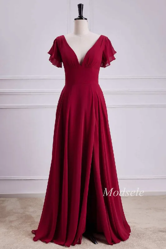 V-Neck Chiffon Maxi Dress with Flutter Sleeves in Red Cozy Wrap Maxi Dress
