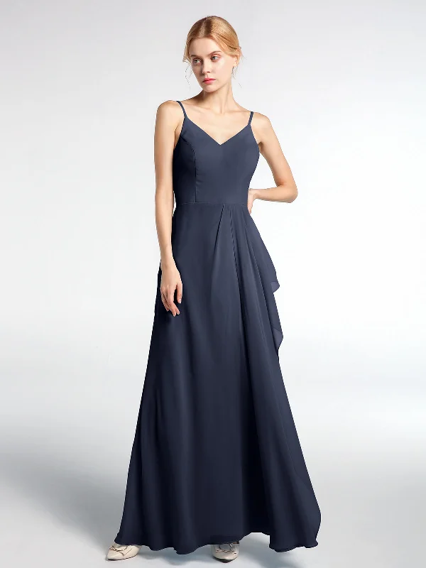V-neck Chiffon Simple Maxi Dress with Spaghetti Straps-Dark Navy Classic Black Maxi Dress