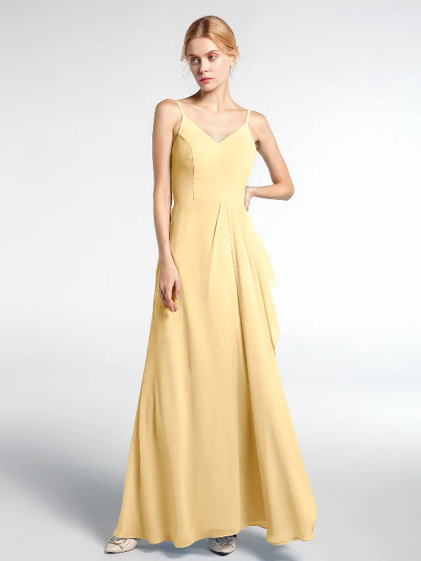 V-neck Chiffon Simple Maxi Dress with Spaghetti Straps-Gold Classic V-Neck Maxi Dress V-neck Chiffon Simple Maxi Dress with Spaghetti Straps-Gold Classic V-Neck Maxi Dress