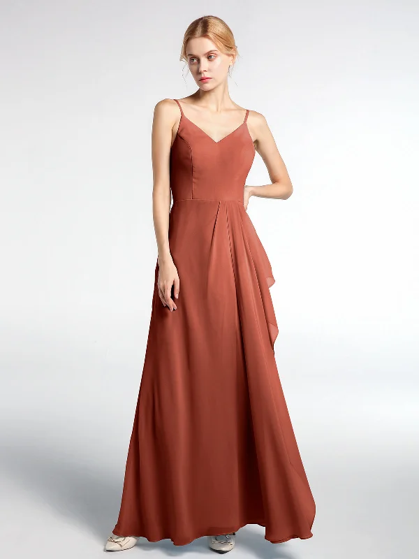 V-neck Chiffon Simple Maxi Dress with Spaghetti Straps-Rust Elegant Maxi Dress with Drapes V-neck Chiffon Simple Maxi Dress with Spaghetti Straps-Rust Elegant Maxi Dress with Drapes