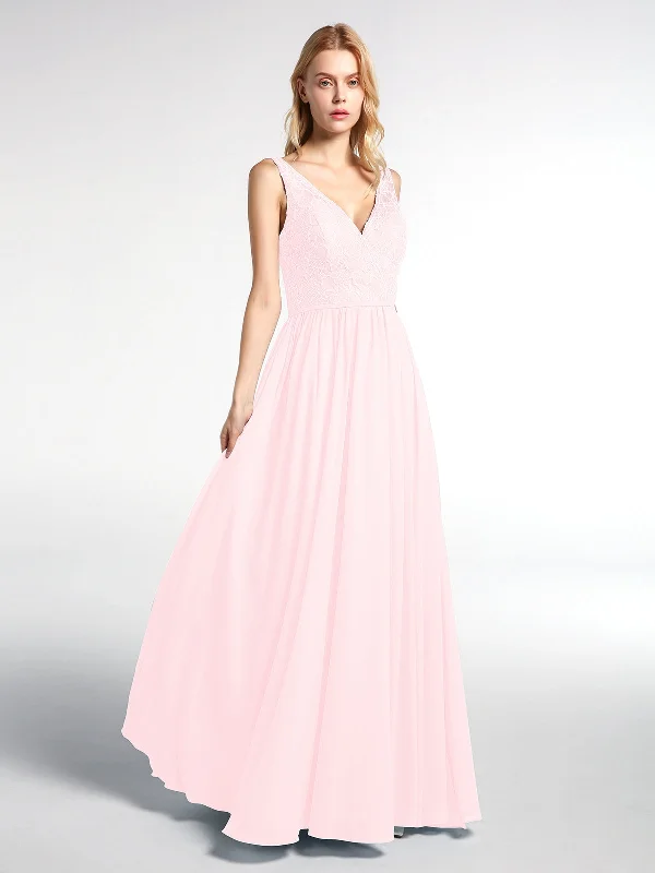 V-neck Lace Top Chiffon Skirt Maxi Dress-Blushing Pink Stylish Long Sleeve Maxi Dress V-neck Lace Top Chiffon Skirt Maxi Dress-Blushing Pink Stylish Long Sleeve Maxi Dress