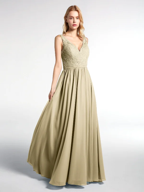 V-neck Lace Top Chiffon Skirt Maxi Dress-Champagne Fashionable Chiffon Tiered Maxi Dress V-neck Lace Top Chiffon Skirt Maxi Dress-Champagne Fashionable Chiffon Tiered Maxi Dress
