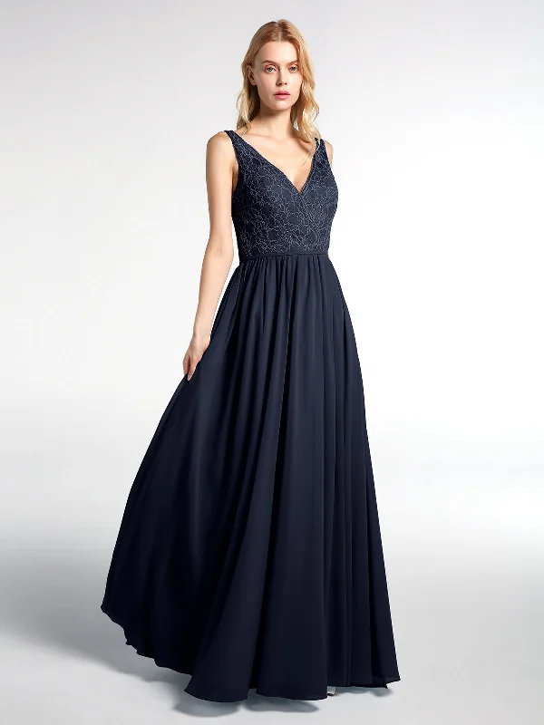 V-neck Lace Top Chiffon Skirt Maxi Dress-Dark Navy Stylish Empire Waist Maxi Dress
