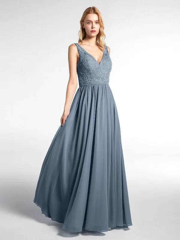 V-neck Lace Top Chiffon Skirt Maxi Dress-Dusty Blue Fashionable Sheer Maxi Dress