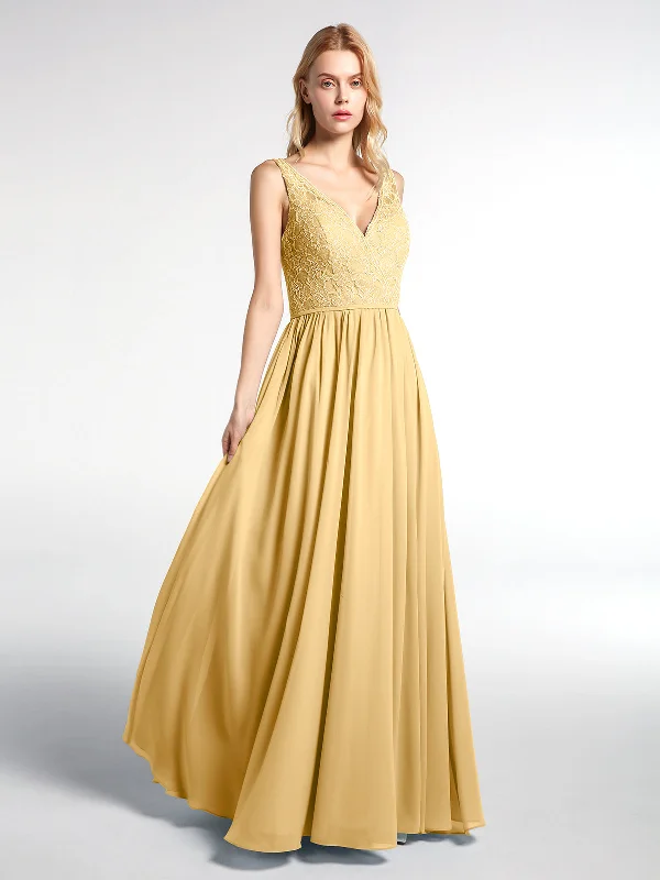 V-neck Lace Top Chiffon Skirt Maxi Dress-Gold Cozy Maxi Dress with Slit