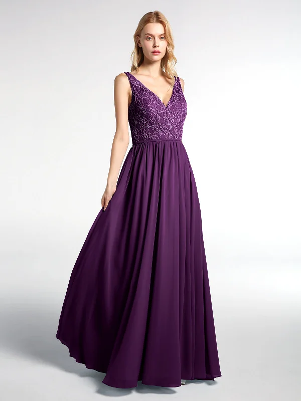 V-neck Lace Top Chiffon Skirt Maxi Dress-Grape Fashionable Sheer Maxi Dress