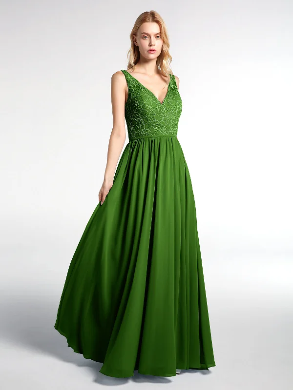 V-neck Lace Top Chiffon Skirt Maxi Dress-Moss Trendy V-Neck Maxi Dress
