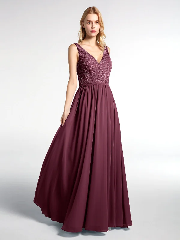 V-neck Lace Top Chiffon Skirt Maxi Dress-Mulberry Fashionable High-Waist Maxi Dress