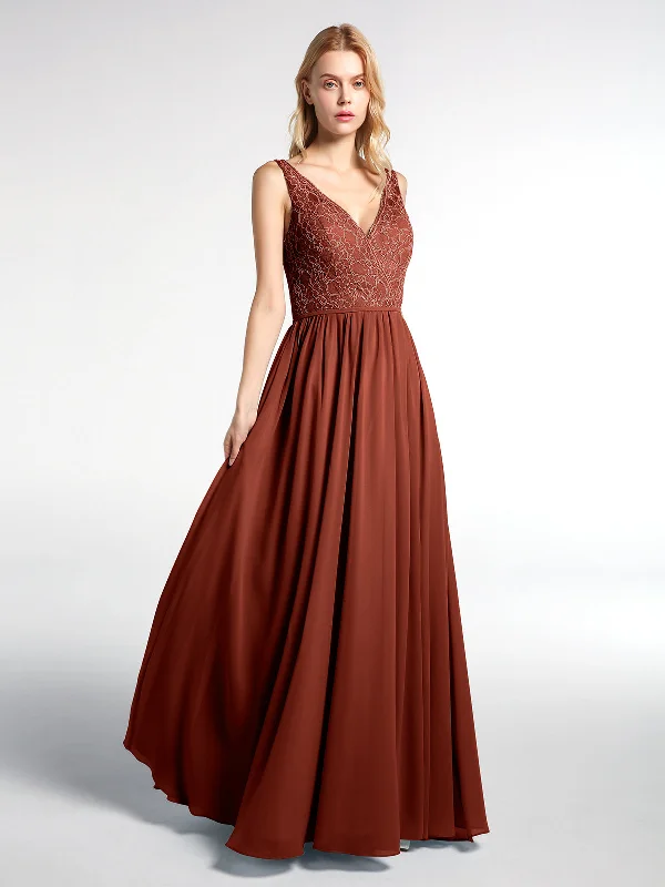 V-neck Lace Top Chiffon Skirt Maxi Dress-Rust Comfortable Plunging Neckline Maxi Dress V-neck Lace Top Chiffon Skirt Maxi Dress-Rust Comfortable Plunging Neckline Maxi Dress