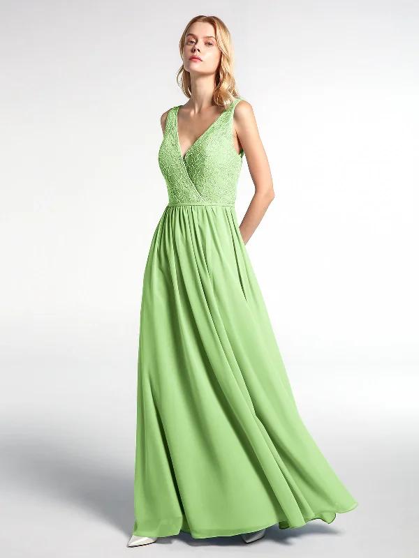 V-neck Lace Top Chiffon Skirt Maxi Dress-Sage Elegant Maxi Dress with Pockets