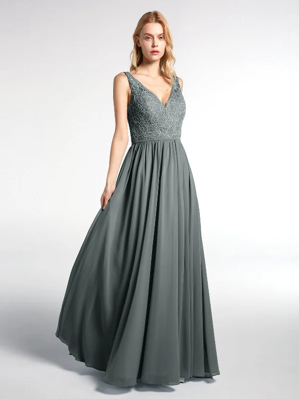 V-neck Lace Top Chiffon Skirt Maxi Dress-Steel Grey Stylish One-Shoulder Maxi Dress
