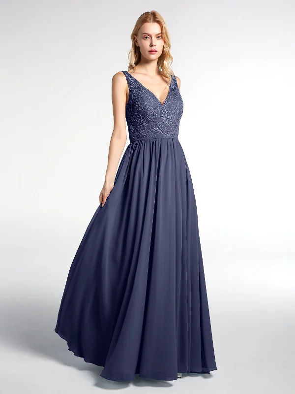 V-neck Lace Top Chiffon Skirt Maxi Dress-Stormy Elegant Lace-Up Maxi Dress